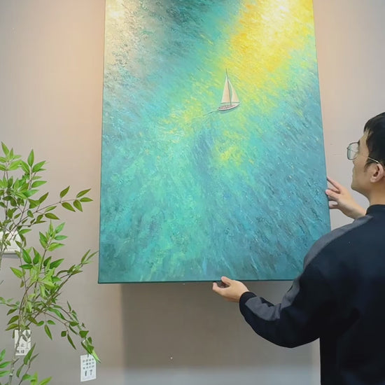 A hand-painted turquoise sailboat artwork shown at full size, followed by close views of its textured water.