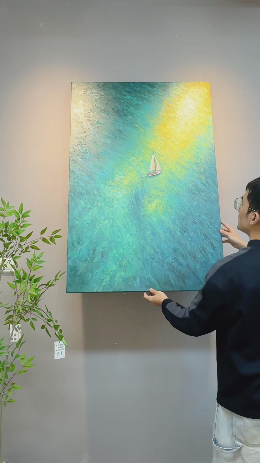 A hand-painted turquoise sailboat artwork shown at full size, followed by close views of its textured water.