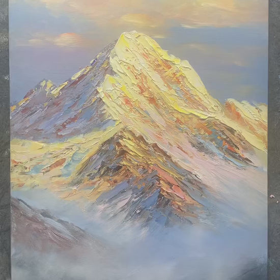 Painting a golden snow mountain with broad strokes and palette-knife ridges, followed by mist and the finished artwork