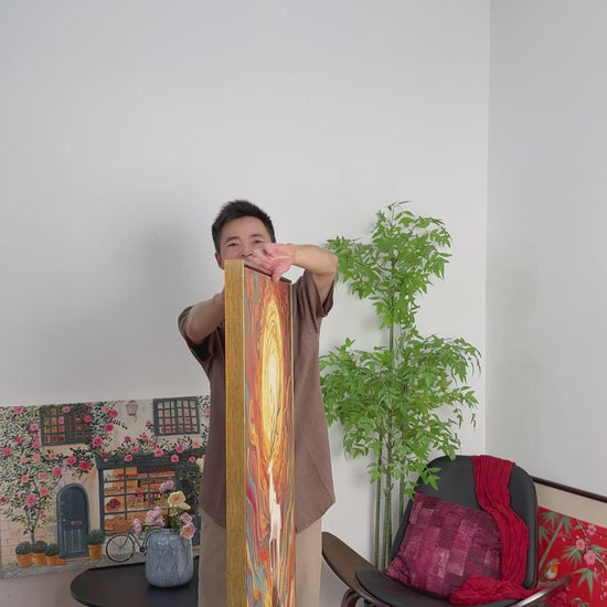 Real workshop video showing the hand-painted white deer, sunrise and mountain artwork from side and front views