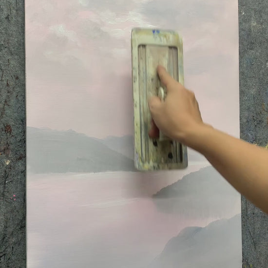 Painting the lake landscape, from soft light rays and hills to a boat and wildflowers, followed by the finished artwork