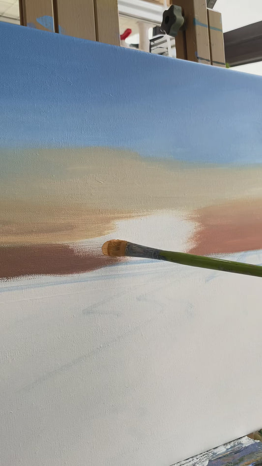 Real painting process showing sunset clouds, blue water, white surf, a golden reflection and palm trees, followed by the finished beach painting