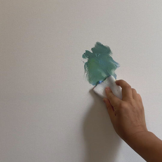 Floral painting process from teal ground to blue irises, white flowers and slender leaves, followed by the finished artwork