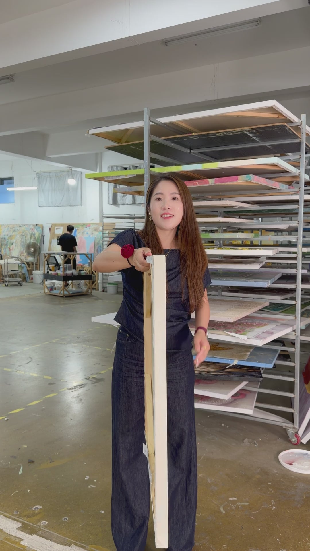 Workshop reveal of the square lotus and koi painting, followed by a framed wall display
