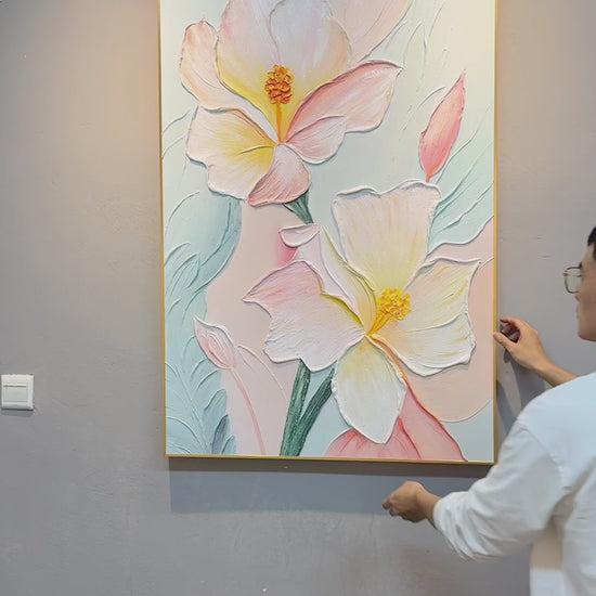 Full view of the floral painting, followed by a hand touching the raised petals, close-up details and the complete work