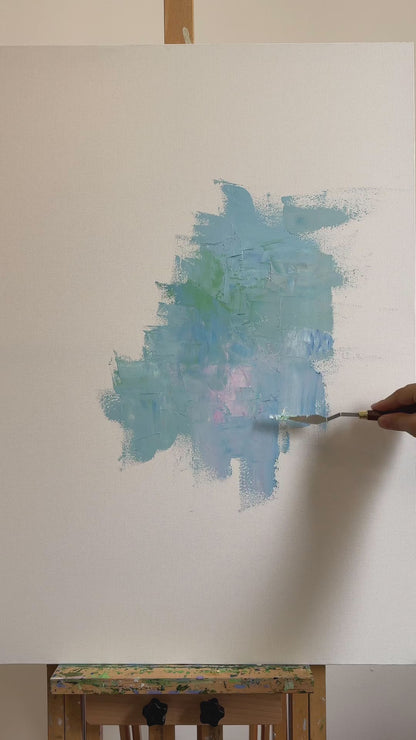 Palette-knife painting process from blue-green ground to pink roses, followed by the finished artwork and a framed presentation