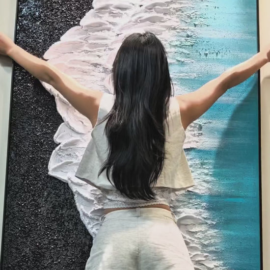 Full coastal painting shown beside a person, followed by close views of dark grain and raised white foam