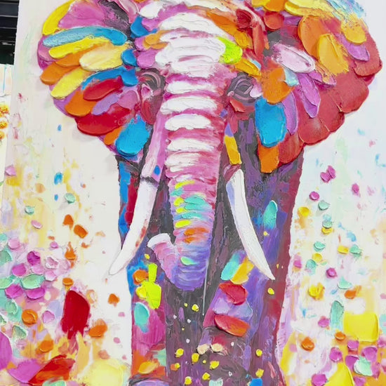 Elephant painting shown in full, followed by close views of its raised colourful strokes