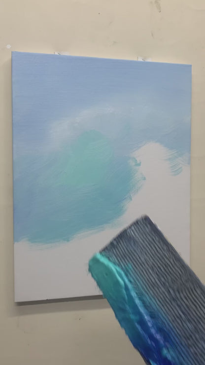 Painting process from blue wave formation and raised white foam to a small surfer and the finished artwork
