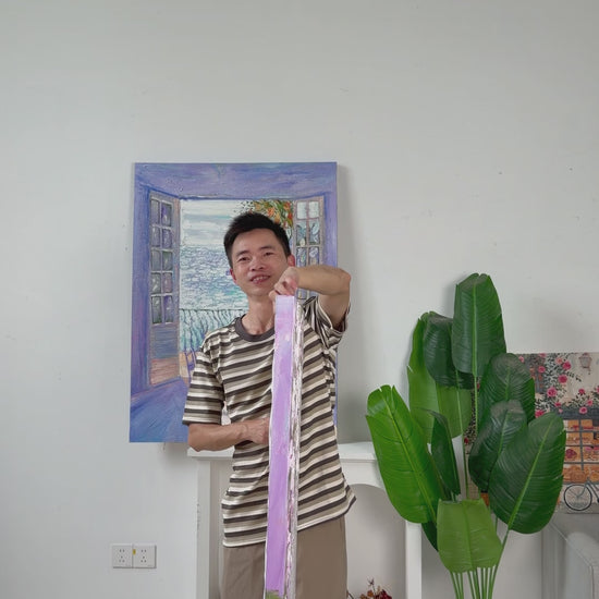 The lilac rose canvas turns to reveal the full floral composition, followed by a framed wall view