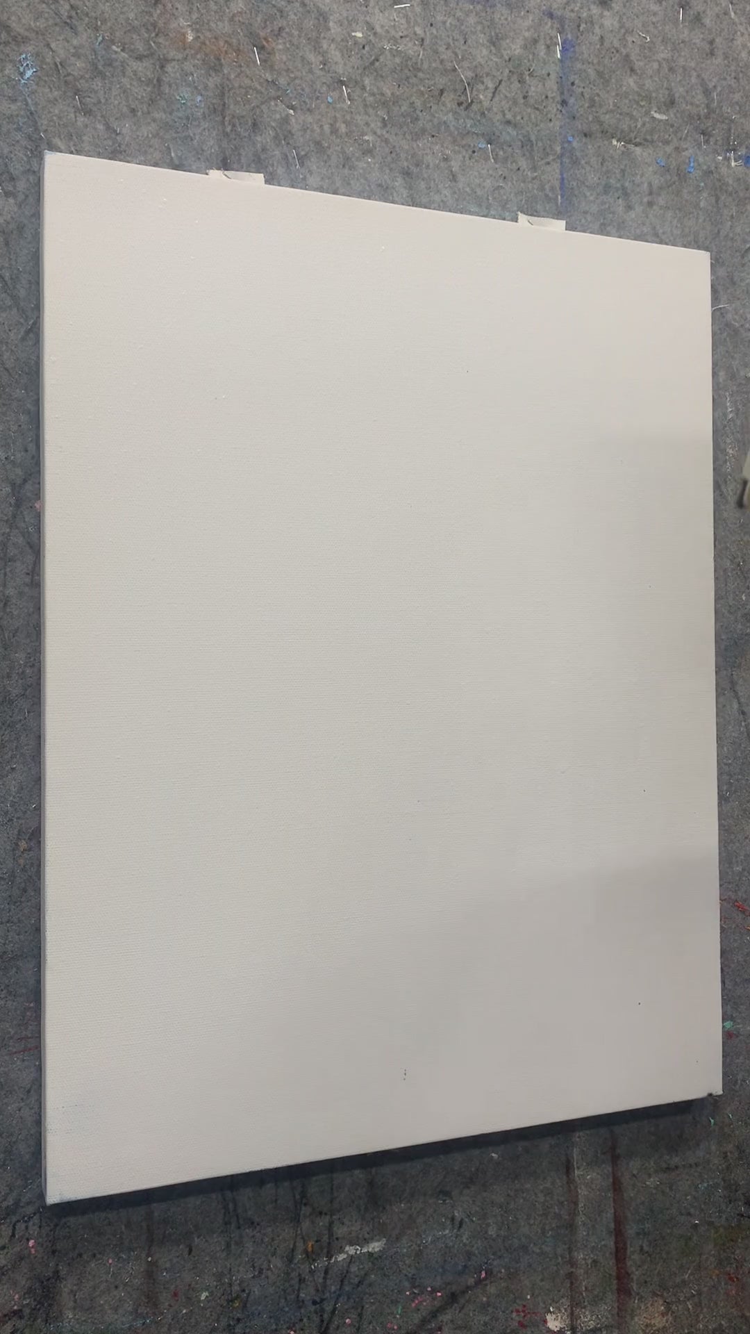 Mop and palette-knife painting of a blue-green snow mountain, from sky colour to clouds and the finished artwork.