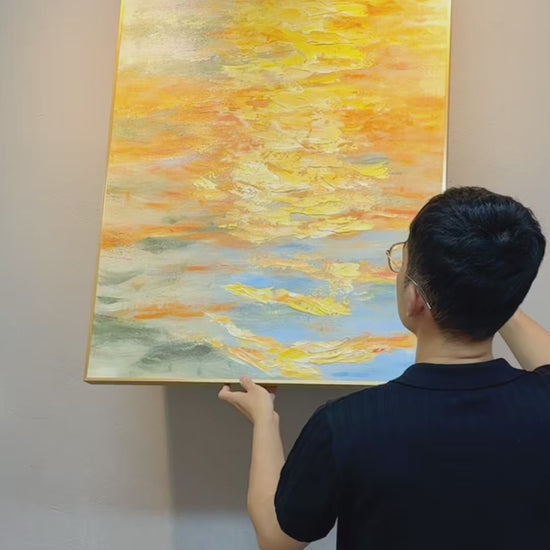 Saffron Layers being hung, followed by angled views of the layered paint and a final view of the complete artwork