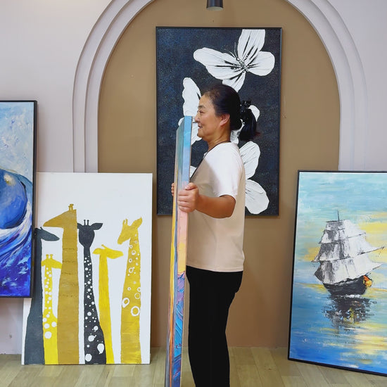 Studio reveal of a yellow and cobalt mountain painting, turning towards a full frontal view with a short held ending