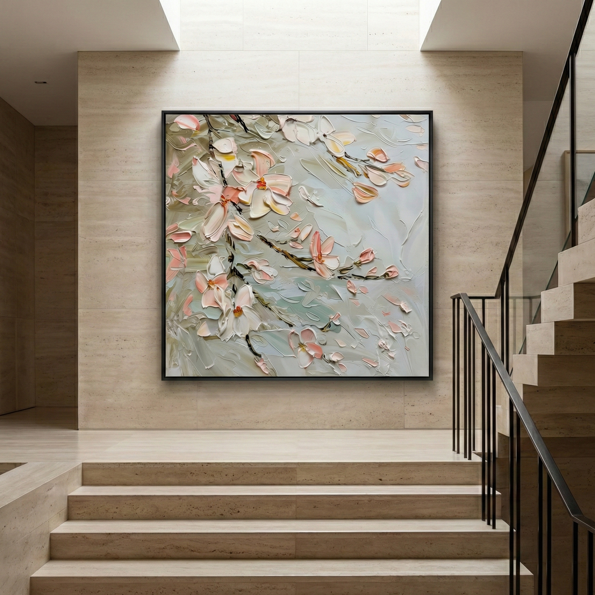 Resonant Drift square artwork beside a modern staircase