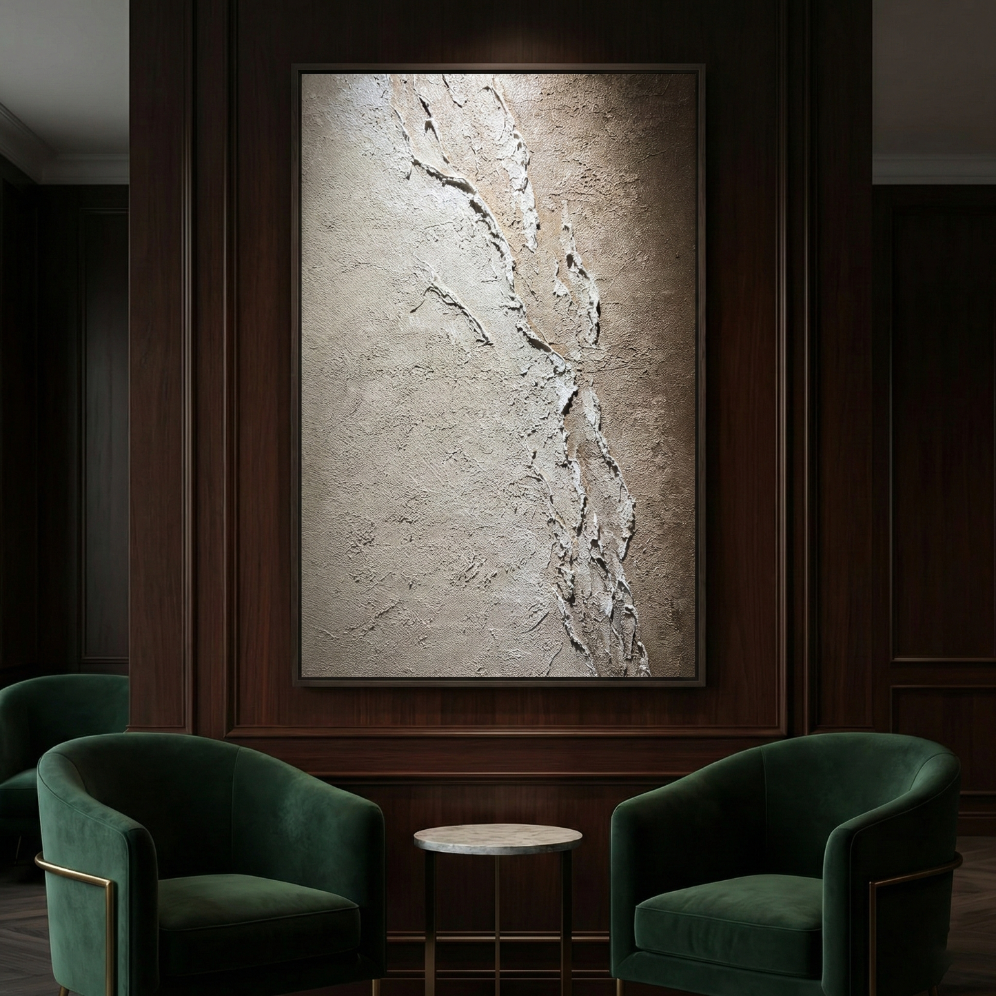 Resonant Strata earth-tone wall art in a dark green lounge