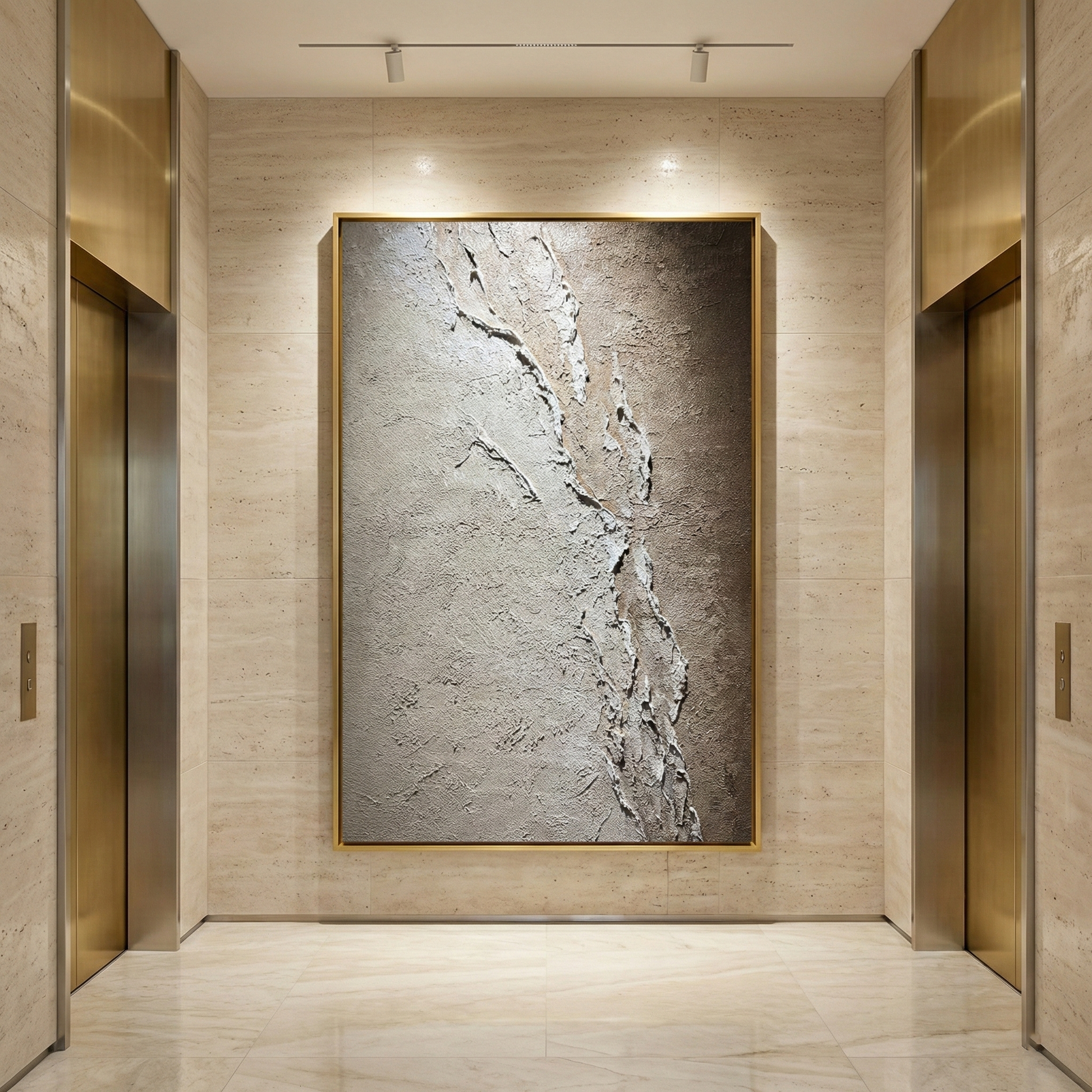 Resonant Strata tall artwork in a softly lit hotel lobby