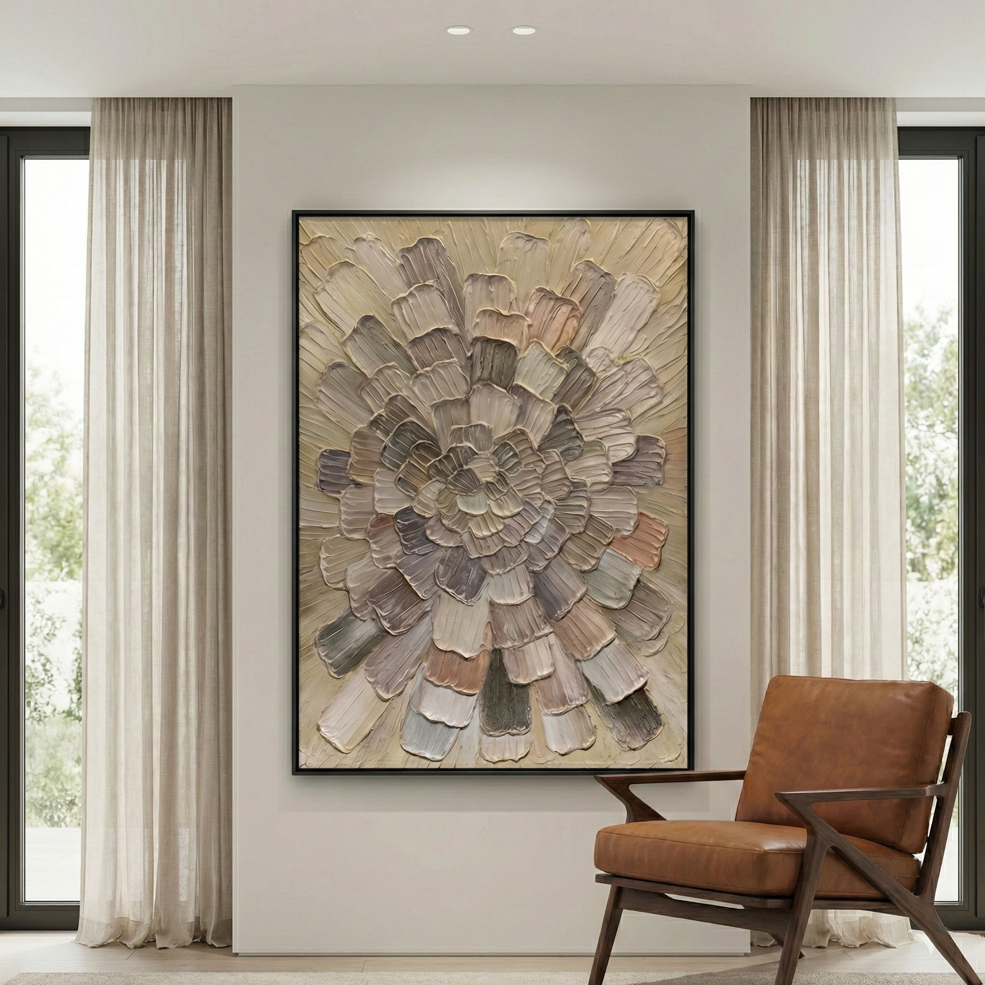 Tectonic Bloom neutral radial artwork in a bright living room