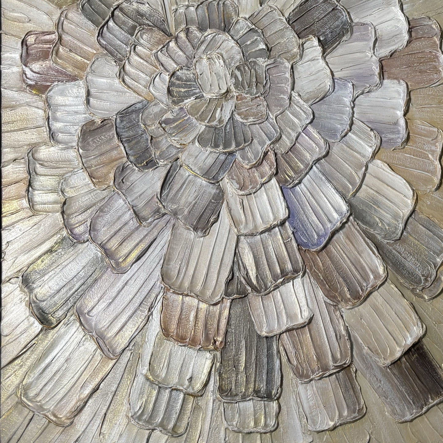 Close view of Tectonic Bloom warm neutral impasto rings