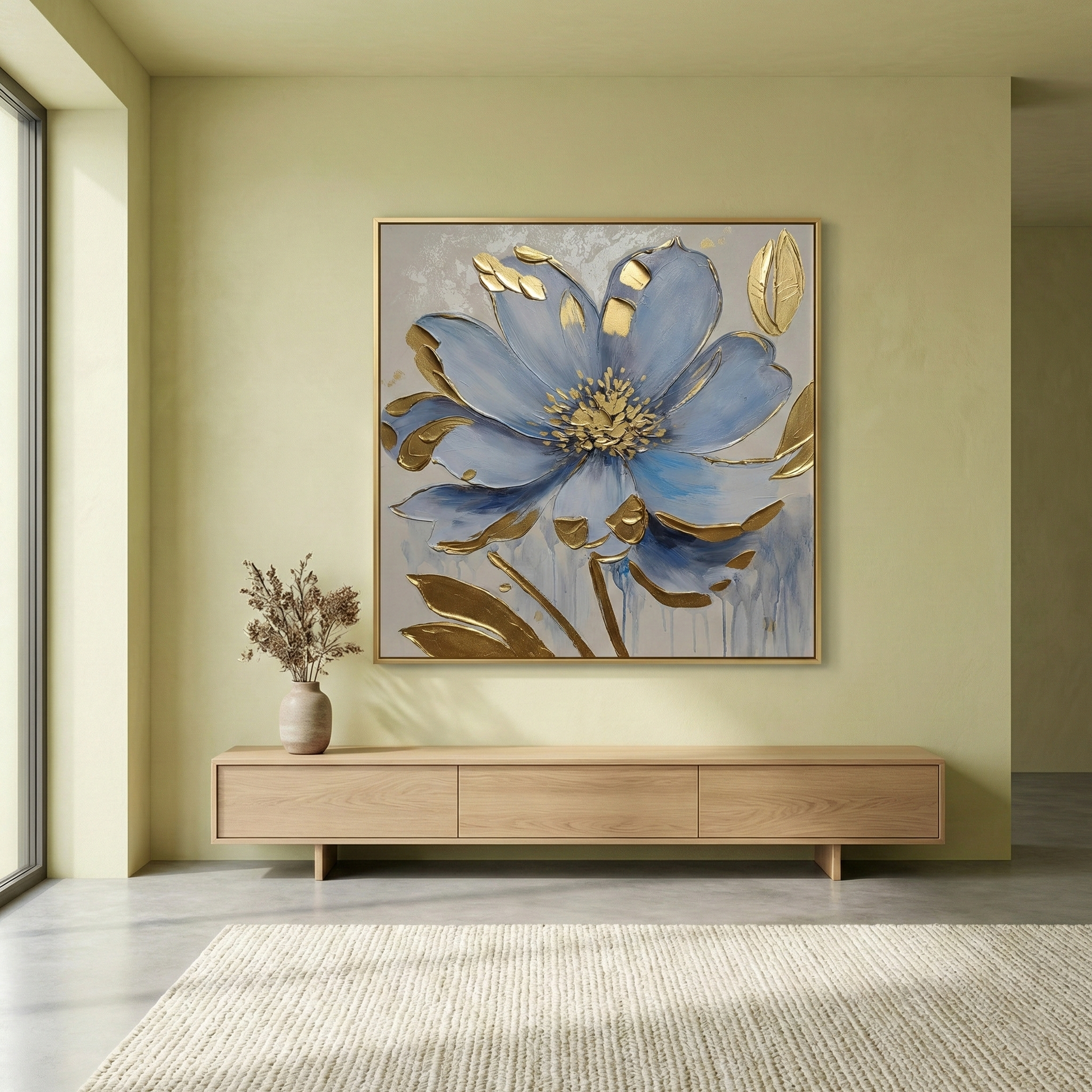 Gilded Azure above a light wood cabinet in a modern living room