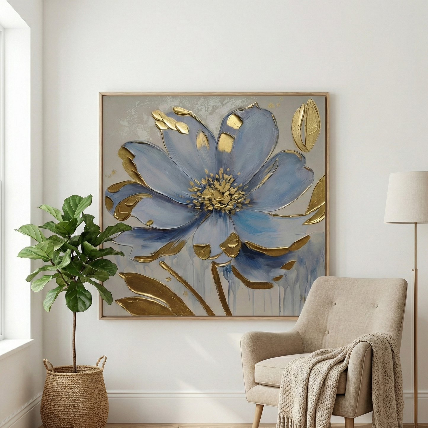 Gilded Azure beside a neutral lounge chair and indoor tree