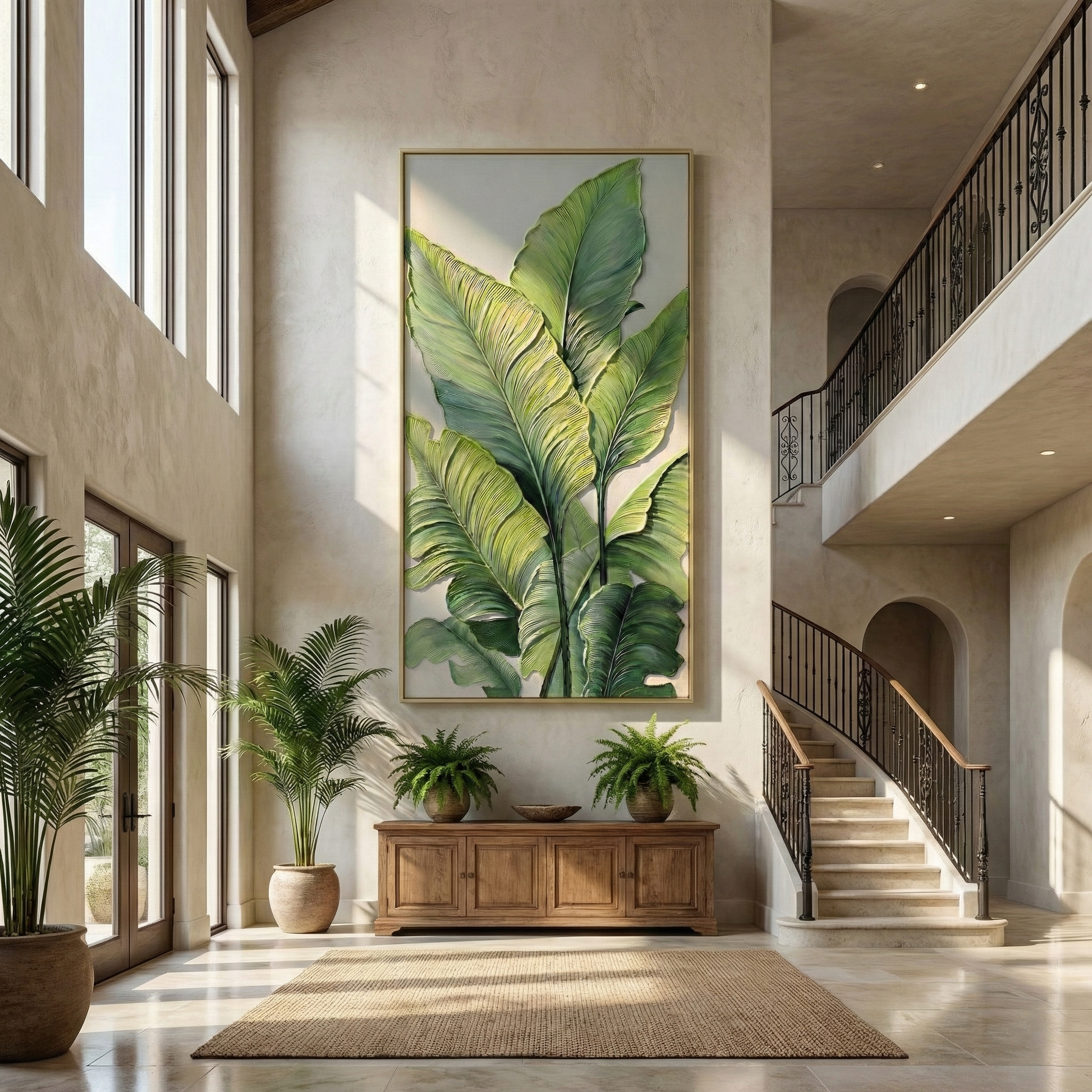 Verdant Stratum large tropical leaf artwork in a tall foyer