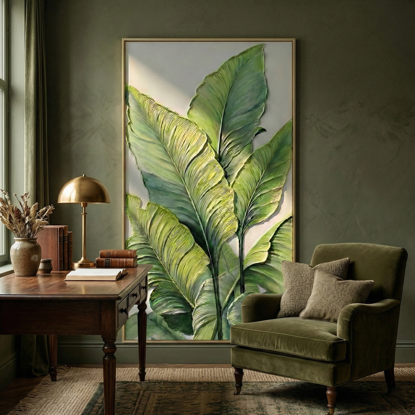 Verdant Stratum green leaf wall art in a modern study