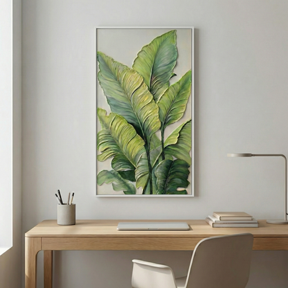 Verdant Stratum tall botanical artwork in a minimal office