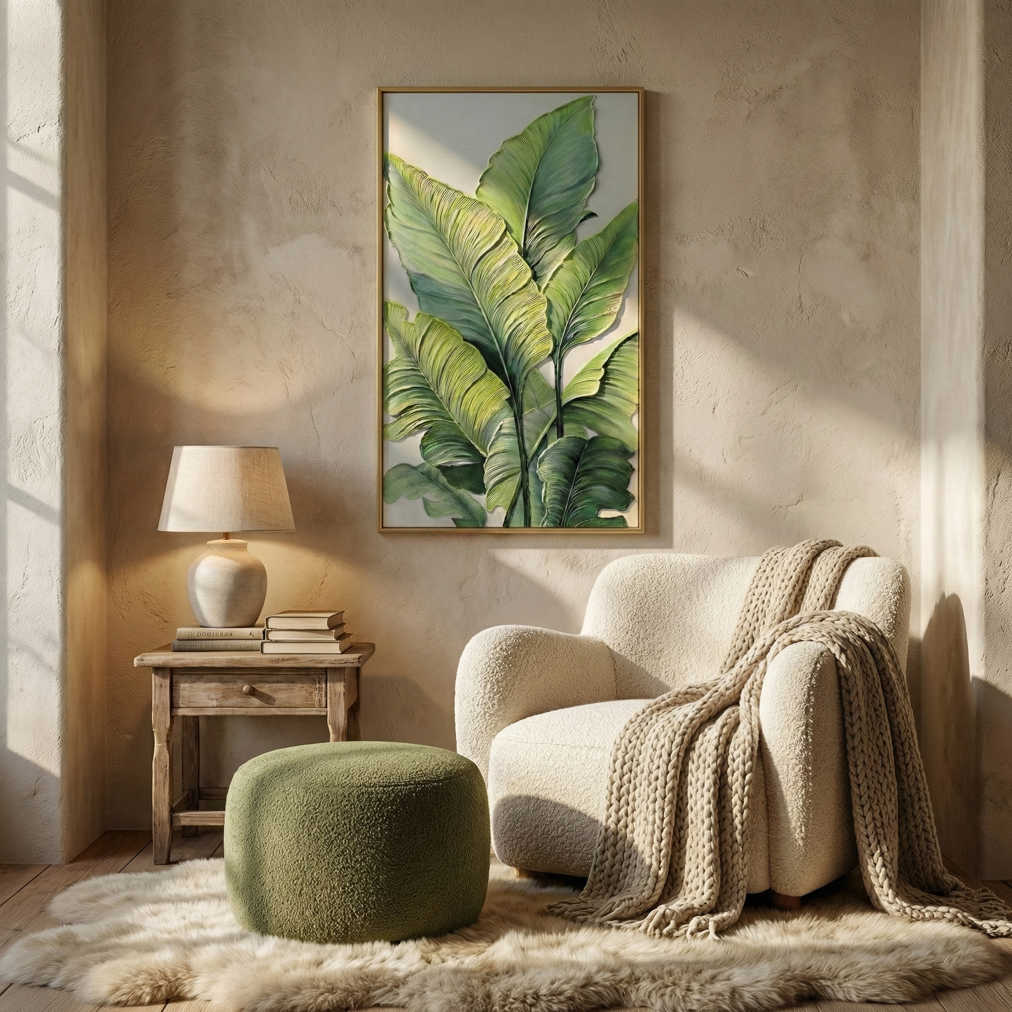 Verdant Stratum green botanical art in a bright reading nook